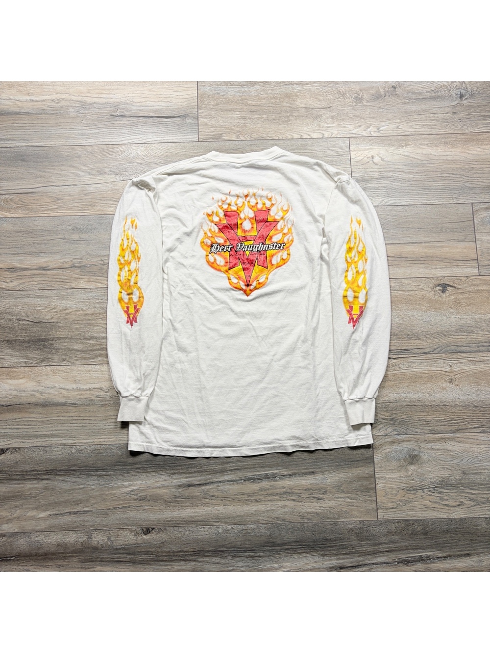 90’s Herr Vaughnster White Long Sleeve Graphic T-Shirt with Flame Design XL